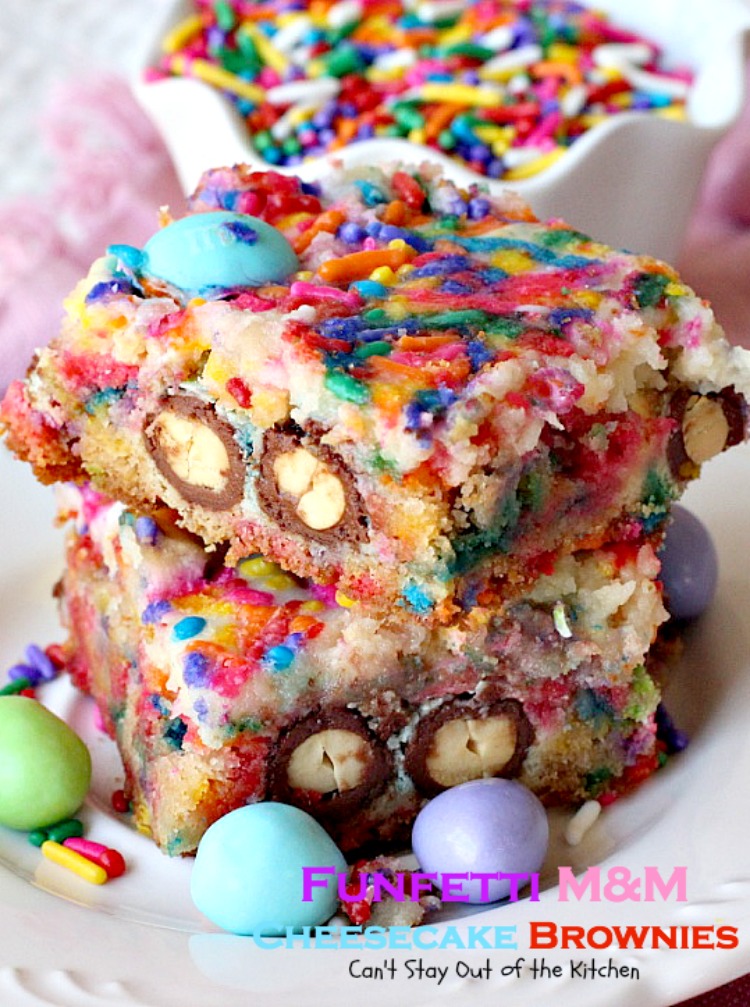 Funfetti M&M Cheesecake Brownies | Can't Stay Out of the Kitchen | these rich and decadent #brownies are sure to satisfy any sweet tooth craving. #peanutbutter #M&M's #rainbowsprinkles and #cheesecake make for an unbeatable combination. #dessert #chocolate