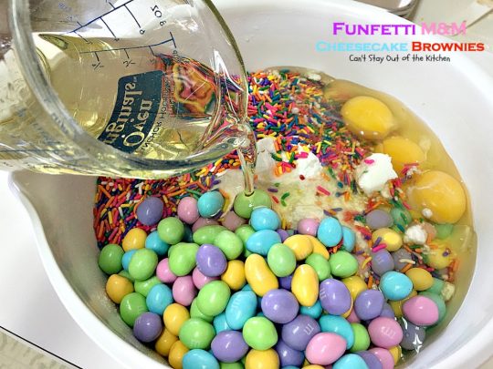 Funfetti M&M Cheesecake Brownies | Can't Stay Out of the Kitchen | these rich and decadent #brownies are sure to satisfy any sweet tooth craving. #peanutbutter #M&M's #rainbowsprinkles and #cheesecake make for an unbeatable combination. #dessert #chocolate
