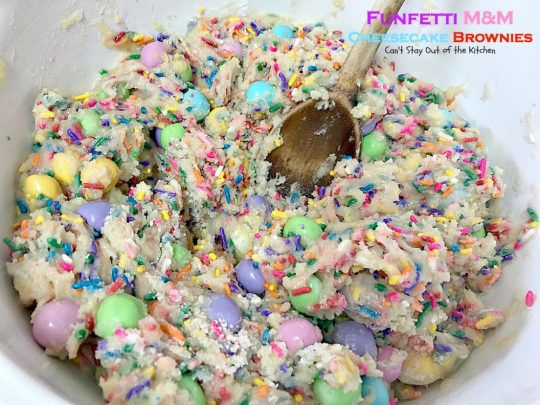 Funfetti M&M Cheesecake Brownies | Can't Stay Out of the Kitchen | these rich and decadent #brownies are sure to satisfy any sweet tooth craving. #peanutbutter #M&M's #rainbowsprinkles and #cheesecake make for an unbeatable combination. #dessert #chocolate