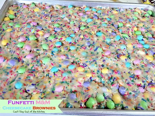 Funfetti M&M Cheesecake Brownies | Can't Stay Out of the Kitchen | these rich and decadent #brownies are sure to satisfy any sweet tooth craving. #peanutbutter #M&M's #rainbowsprinkles and #cheesecake make for an unbeatable combination. #dessert #chocolate