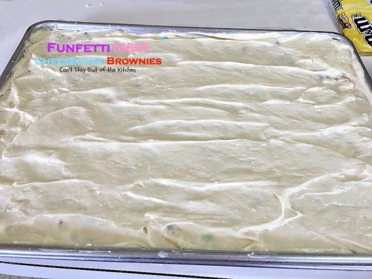 Funfetti M&M Cheesecake Brownies | Can't Stay Out of the Kitchen | these rich and decadent #brownies are sure to satisfy any sweet tooth craving. #peanutbutter #M&M's #rainbowsprinkles and #cheesecake make for an unbeatable combination. #dessert #chocolate