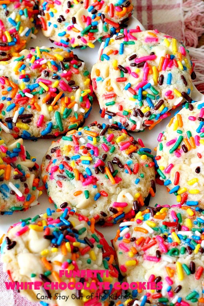 Funfetti White Chocolate Cookies | Can't Stay Out of the Kitchen | this terrific 5-ingredient #recipe can be whipped up in 30 minutes. It starts with a #FunfettiCakeMix, #sprinkles & #WhiteChocolateChips. Great #dessert for #tailgating or office parties, potlucks or backyard barbecues. #Funfetti #cookies #FunfettiWhiteChocolateCookies #dessert #FunfettiDessert #ChocolateDessert #chocolate