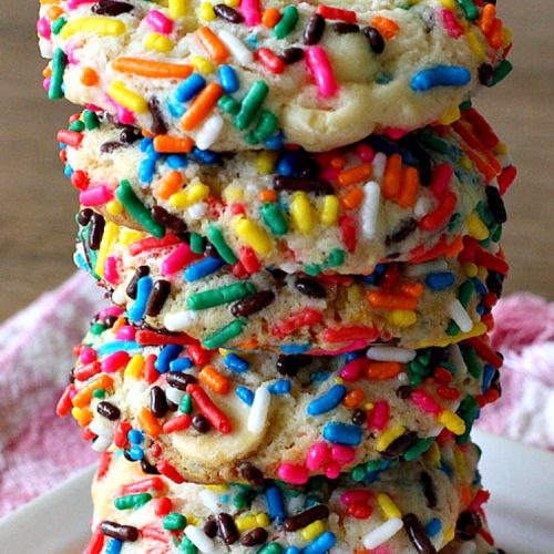 Funfetti White Chocolate Cookies | Can't Stay Out of the Kitchen | this terrific 5-ingredient #recipe can be whipped up in 30 minutes. It starts with a #FunfettiCakeMix, #sprinkles & #WhiteChocolateChips. Great #dessert for #tailgating or office parties, potlucks or backyard barbecues. #Funfetti #cookies #FunfettiWhiteChocolateCookies #dessert #FunfettiDessert #ChocolateDessert #chocolate