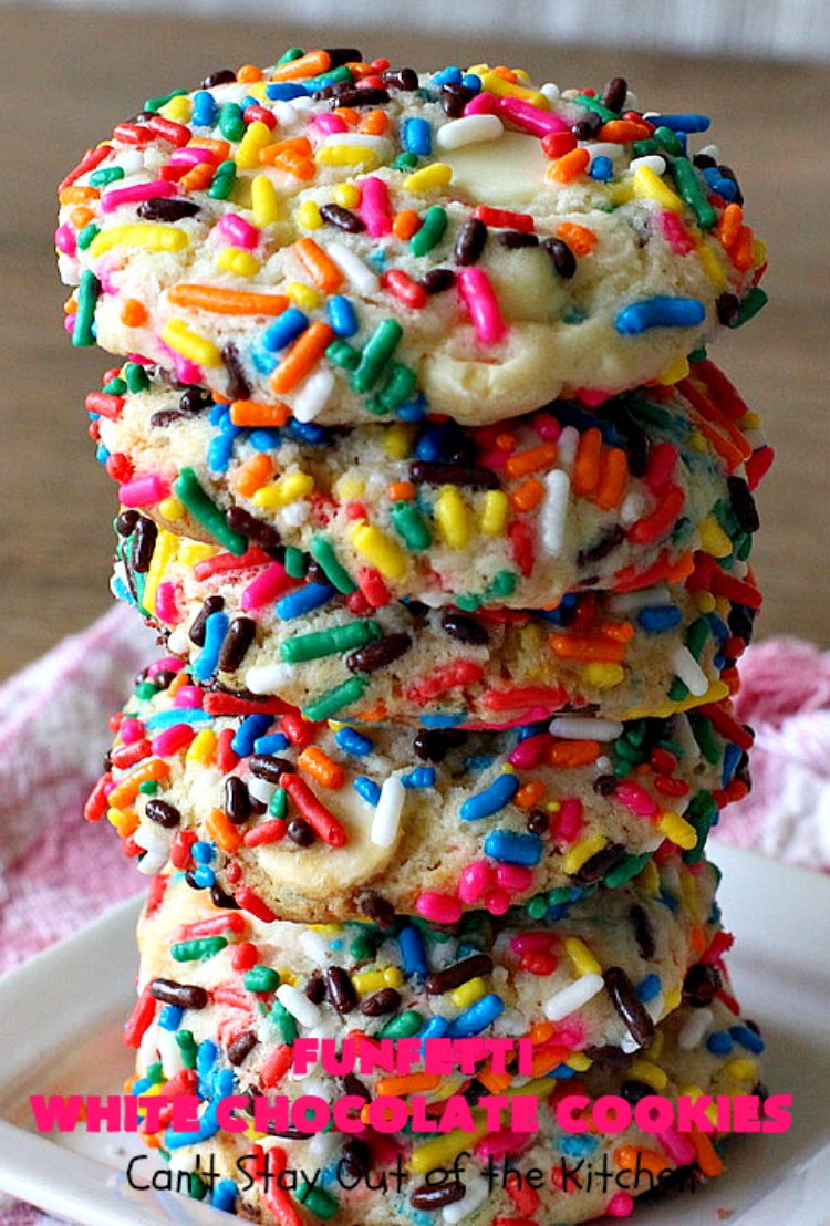 Funfetti White Chocolate Cookies | Can't Stay Out of the Kitchen | this terrific 5-ingredient #recipe can be whipped up in 30 minutes. It starts with a #FunfettiCakeMix, #sprinkles & #WhiteChocolateChips. Great #dessert for #tailgating or office parties, potlucks or backyard barbecues. #Funfetti #cookies #FunfettiWhiteChocolateCookies #dessert #FunfettiDessert #ChocolateDessert #chocolate