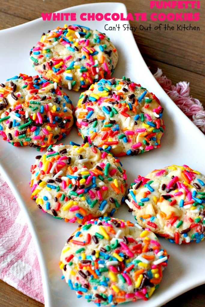 Funfetti White Chocolate Cookies | Can't Stay Out of the Kitchen | this terrific 5-ingredient #recipe can be whipped up in 30 minutes. It starts with a #FunfettiCakeMix, #sprinkles & #WhiteChocolateChips. Great #dessert for #tailgating or office parties, potlucks or backyard barbecues. #Funfetti #cookies #FunfettiWhiteChocolateCookies #dessert #FunfettiDessert #ChocolateDessert #chocolate