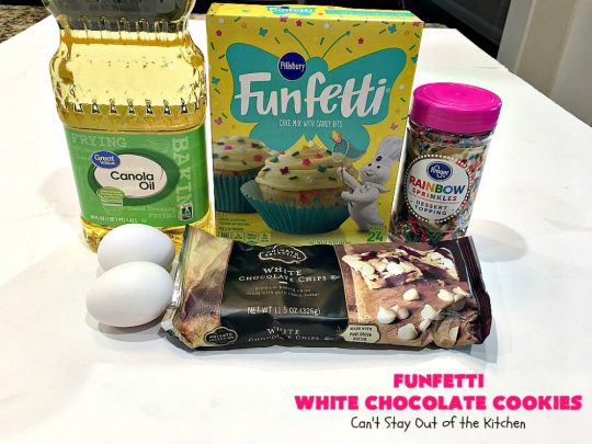 Funfetti White Chocolate Cookies | Can't Stay Out of the Kitchen | this terrific 5-ingredient #recipe can be whipped up in 30 minutes. It starts with a #FunfettiCakeMix, #sprinkles & #WhiteChocolateChips. Great #dessert for #tailgating or office parties, potlucks or backyard barbecues. #Funfetti #cookies #FunfettiWhiteChocolateCookies #dessert #FunfettiDessert #ChocolateDessert #chocolate