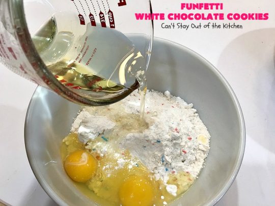 Funfetti White Chocolate Cookies | Can't Stay Out of the Kitchen | this terrific 5-ingredient #recipe can be whipped up in 30 minutes. It starts with a #FunfettiCakeMix, #sprinkles & #WhiteChocolateChips. Great #dessert for #tailgating or office parties, potlucks or backyard barbecues. #Funfetti #cookies #FunfettiWhiteChocolateCookies #dessert #FunfettiDessert #ChocolateDessert #chocolate