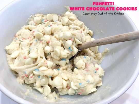 Funfetti White Chocolate Cookies | Can't Stay Out of the Kitchen | this terrific 5-ingredient #recipe can be whipped up in 30 minutes. It starts with a #FunfettiCakeMix, #sprinkles & #WhiteChocolateChips. Great #dessert for #tailgating or office parties, potlucks or backyard barbecues. #Funfetti #cookies #FunfettiWhiteChocolateCookies #dessert #FunfettiDessert #ChocolateDessert #chocolate