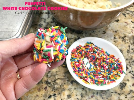 Funfetti White Chocolate Cookies | Can't Stay Out of the Kitchen | this terrific 5-ingredient #recipe can be whipped up in 30 minutes. It starts with a #FunfettiCakeMix, #sprinkles & #WhiteChocolateChips. Great #dessert for #tailgating or office parties, potlucks or backyard barbecues. #Funfetti #cookies #FunfettiWhiteChocolateCookies #dessert #FunfettiDessert #ChocolateDessert #chocolate