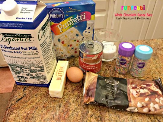 Funfetti White Chocolate Gooey Bars | Can't Stay Out of the Kitchen | these sensational and gooey #brownies are great for birthdays and #holidays. They're filled with #whitechocolatechips #funfetti and sweetened #condensedmilk. #cookie #dessert