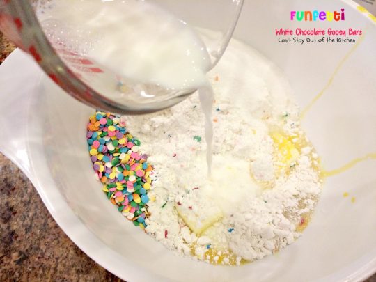 Funfetti White Chocolate Gooey Bars | Can't Stay Out of the Kitchen | these sensational and gooey #brownies are great for birthdays and #holidays. They're filled with #whitechocolatechips #funfetti and sweetened #condensedmilk. #cookie #dessert