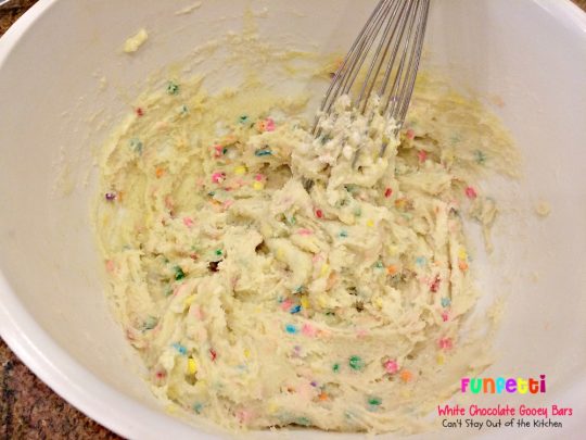 Funfetti White Chocolate Gooey Bars | Can't Stay Out of the Kitchen | these sensational and gooey #brownies are great for birthdays and #holidays. They're filled with #whitechocolatechips #funfetti and sweetened #condensedmilk. #cookie #dessert