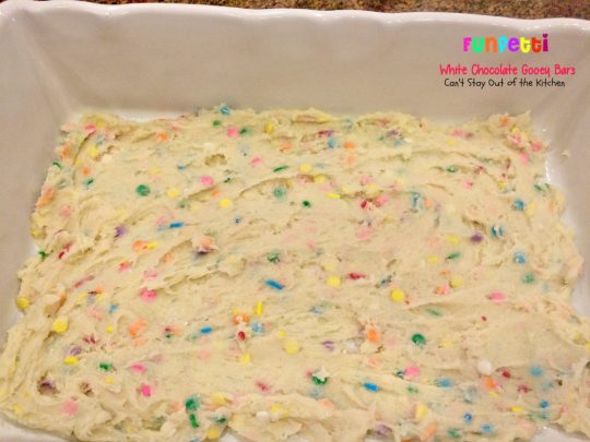 Funfetti White Chocolate Gooey Bars | Can't Stay Out of the Kitchen | these sensational and gooey #brownies are great for birthdays and #holidays. They're filled with #whitechocolatechips #funfetti and sweetened #condensedmilk. #cookie #dessert