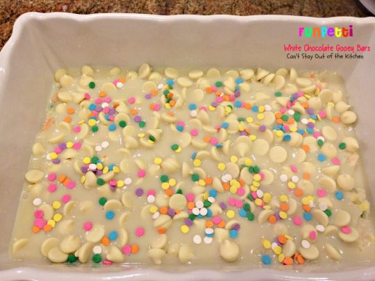 Funfetti White Chocolate Gooey Bars | Can't Stay Out of the Kitchen | these sensational and gooey #brownies are great for birthdays and #holidays. They're filled with #whitechocolatechips #funfetti and sweetened #condensedmilk. #cookie #dessert