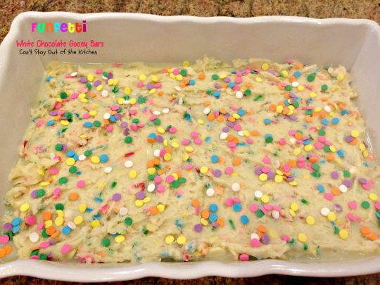 Funfetti White Chocolate Gooey Bars | Can't Stay Out of the Kitchen | these sensational and gooey #brownies are great for birthdays and #holidays. They're filled with #whitechocolatechips #funfetti and sweetened #condensedmilk. #cookie #dessert