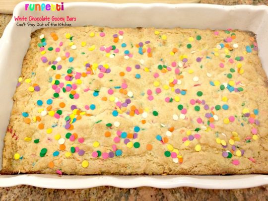 Funfetti White Chocolate Gooey Bars | Can't Stay Out of the Kitchen | these sensational and gooey #brownies are great for birthdays and #holidays. They're filled with #whitechocolatechips #funfetti and sweetened #condensedmilk. #cookie #dessert
