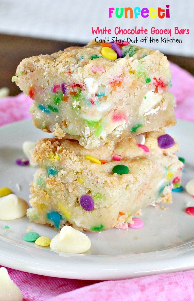 Funfetti White Chocolate Gooey Bars | Can't Stay Out of the Kitchen | these sensational and gooey #brownies are great for birthdays and #holidays. They're filled with #whitechocolatechips #funfetti and sweetened #condensedmilk. #cookie #dessert