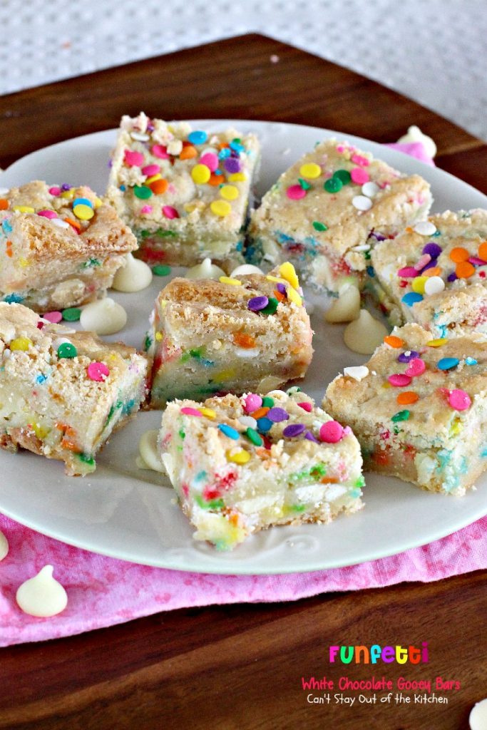 Funfetti White Chocolate Gooey Bars | Can't Stay Out of the Kitchen | these sensational and gooey #brownies are great for birthdays and #holidays. They're filled with #whitechocolatechips #funfetti and sweetened #condensedmilk. #cookie #dessert