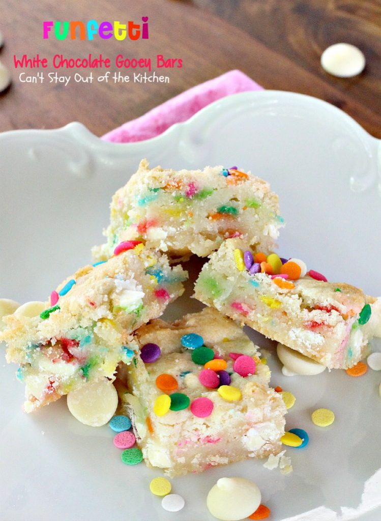Funfetti White Chocolate Gooey Bars | Can't Stay Out of the Kitchen | these sensational and gooey #brownies are great for birthdays and #holidays. They're filled with #whitechocolatechips #funfetti and sweetened #condensedmilk. #cookie #dessert