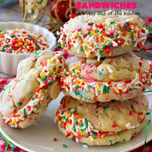 Funfetti White Chocolate Sandwiches | Can't Stay Out of the Kitchen | these jumbo-sized #cookies are awesome! They're so easy since they use only 6 ingredients! They're terrific for #holidays, #birthdays or any kind of special celebration. #funfetti #dessert #chocolate