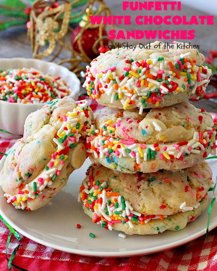 Funfetti White Chocolate Sandwiches | Can't Stay Out of the Kitchen | these jumbo-sized #cookies are awesome! They're so easy since they use only 6 ingredients! They're terrific for #holidays, #birthdays or any kind of special celebration. #funfetti #dessert #chocolate