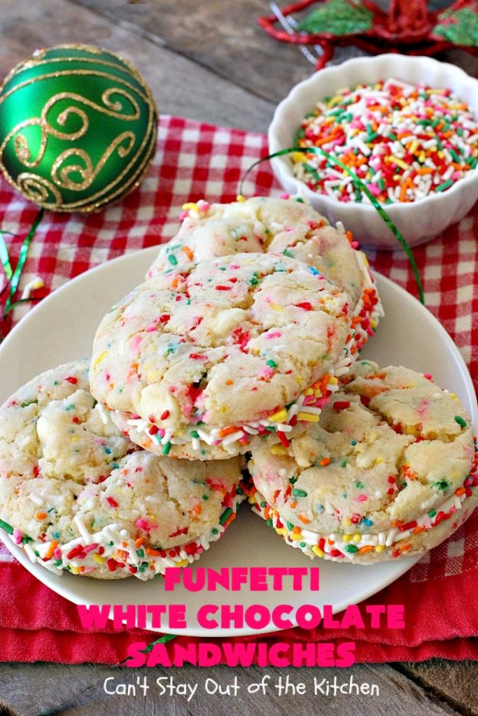 Funfetti White Chocolate Sandwiches | Can't Stay Out of the Kitchen | these jumbo-sized #cookies are awesome! They're so easy since they use only 6 ingredients! They're terrific for #holidays, #birthdays or any kind of special celebration. #funfetti #dessert #chocolate
