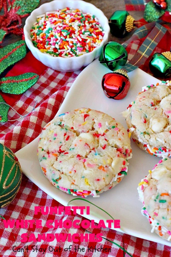 Funfetti White Chocolate Sandwiches | Can't Stay Out of the Kitchen | these jumbo-sized #cookies are awesome! They're so easy since they use only 6 ingredients! They're terrific for #holidays, #birthdays or any kind of special celebration. #funfetti #dessert #chocolate