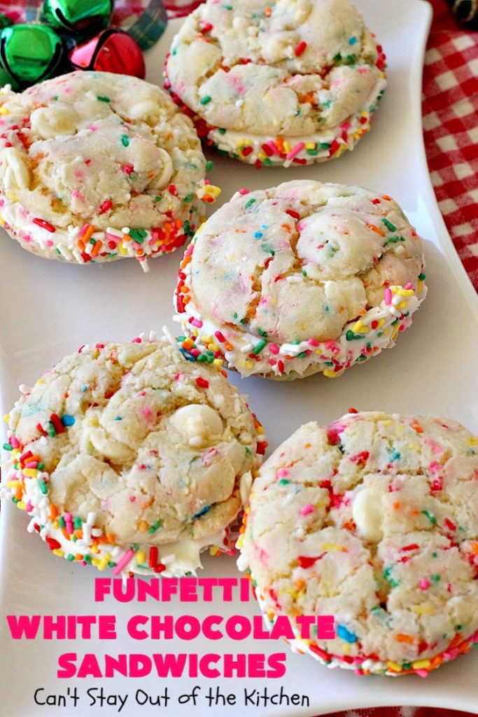 Funfetti White Chocolate Sandwiches | Can't Stay Out of the Kitchen | these jumbo-sized #cookies are awesome! They're so easy since they use only 6 ingredients! They're terrific for #holidays, #birthdays or any kind of special celebration. #funfetti #dessert #chocolate