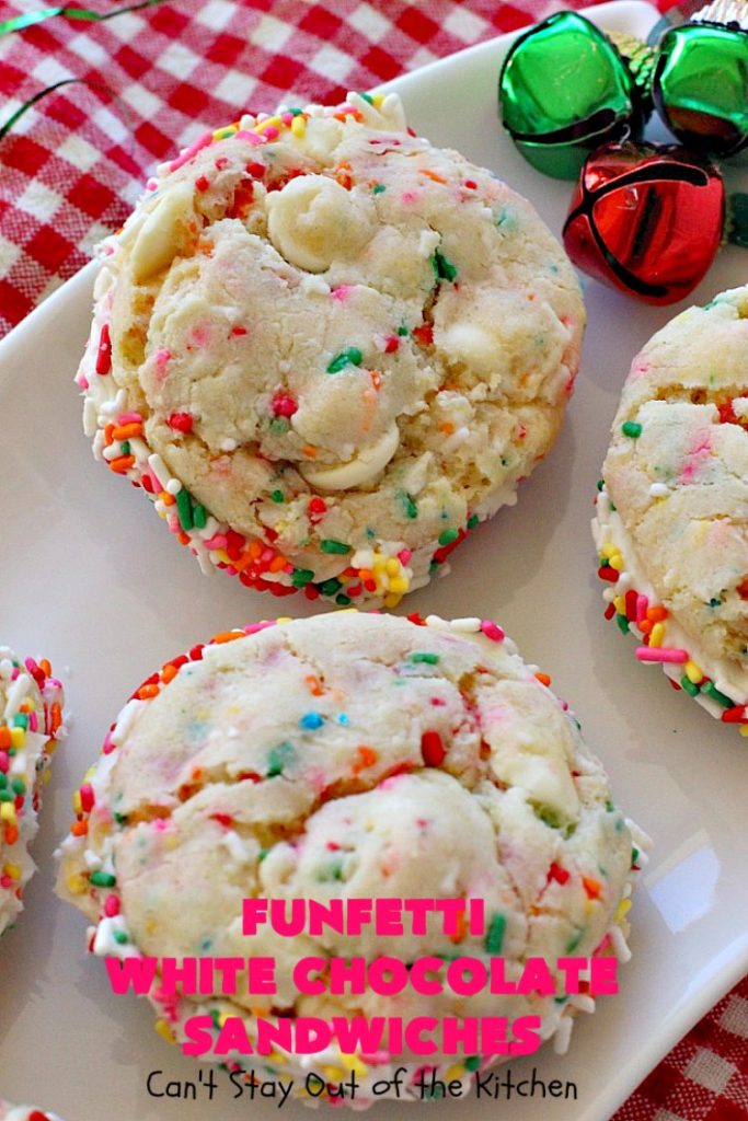 Funfetti White Chocolate Sandwiches | Can't Stay Out of the Kitchen | these jumbo-sized #cookies are awesome! They're so easy since they use only 6 ingredients! They're terrific for #holidays, #birthdays or any kind of special celebration. #funfetti #dessert #chocolate
