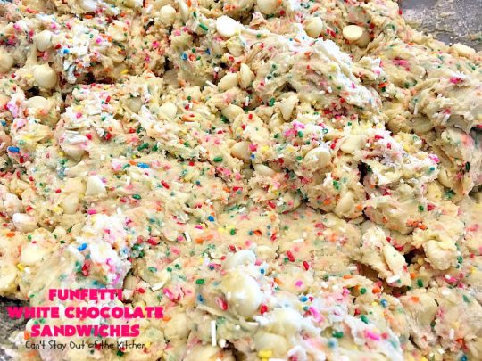 Funfetti White Chocolate Sandwiches | Can't Stay Out of the Kitchen | these jumbo-sized #cookies are awesome! They're so easy since they use only 6 ingredients! They're terrific for #holidays, #birthdays or any kind of special celebration. #funfetti #dessert #chocolate
