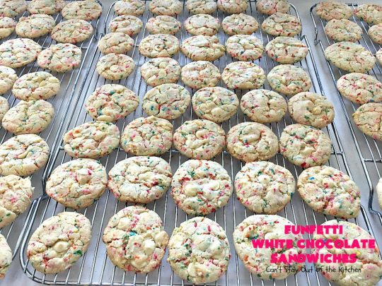 Funfetti White Chocolate Sandwiches | Can't Stay Out of the Kitchen | these jumbo-sized #cookies are awesome! They're so easy since they use only 6 ingredients! They're terrific for #holidays, #birthdays or any kind of special celebration. #funfetti #dessert #chocolate