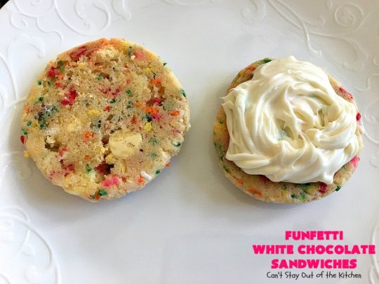 Funfetti White Chocolate Sandwiches | Can't Stay Out of the Kitchen | these jumbo-sized #cookies are awesome! They're so easy since they use only 6 ingredients! They're terrific for #holidays, #birthdays or any kind of special celebration. #funfetti #dessert #chocolate