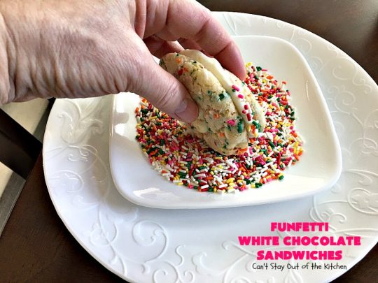 Funfetti White Chocolate Sandwiches | Can't Stay Out of the Kitchen | these jumbo-sized #cookies are awesome! They're so easy since they use only 6 ingredients! They're terrific for #holidays, #birthdays or any kind of special celebration. #funfetti #dessert #chocolate