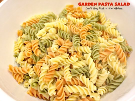 Garden Pasta Salad | Can't Stay Out of the Kitchen | We love this fabulous #pasta #salad. It's perfect for the #FourthofJuly & other summer #holiday parties. #tomatoes #olives