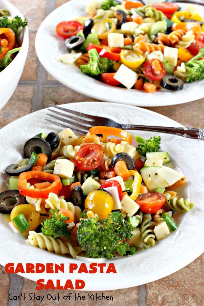 Garden Pasta Salad | Can't Stay Out of the Kitchen | We love this fabulous #pasta #salad. It's perfect for the #FourthofJuly & other summer #holiday parties. #tomatoes #olives