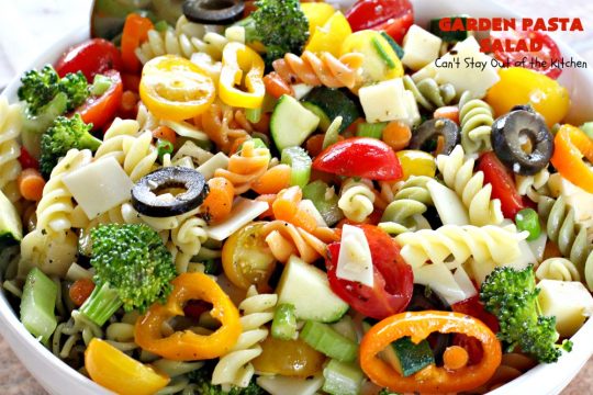 Garden Pasta Salad | Can't Stay Out of the Kitchen | We love this fabulous #pasta #salad. It's perfect for the #FourthofJuly & other summer #holiday parties. #tomatoes #olives