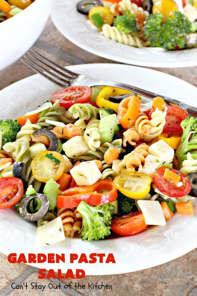 Garden Pasta Salad | Can't Stay Out of the Kitchen | We love this fabulous #pasta #salad. It's perfect for the #FourthofJuly & other summer #holiday parties. #tomatoes #olives