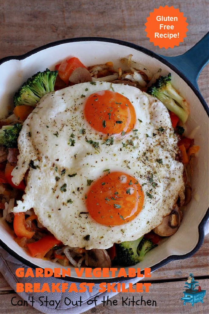 Garden Vegetable Breakfast Skillet | Can't Stay Out of the Kitchen | this delectable #BreakfastSkillet includes seasoned #HashBrowns, #MontereyJack & #CheddarCheese, several garden #vegetables including #mushrooms & #broccoli & it's topped with two #eggs. It's a fantastic hearty #breakfast for weekends, company or #holidays. #vegetarian #GlutenFree #VegetarianBreakfastSkillet #GardenVegetableBreakfastSkillet #HolidayBreakfast