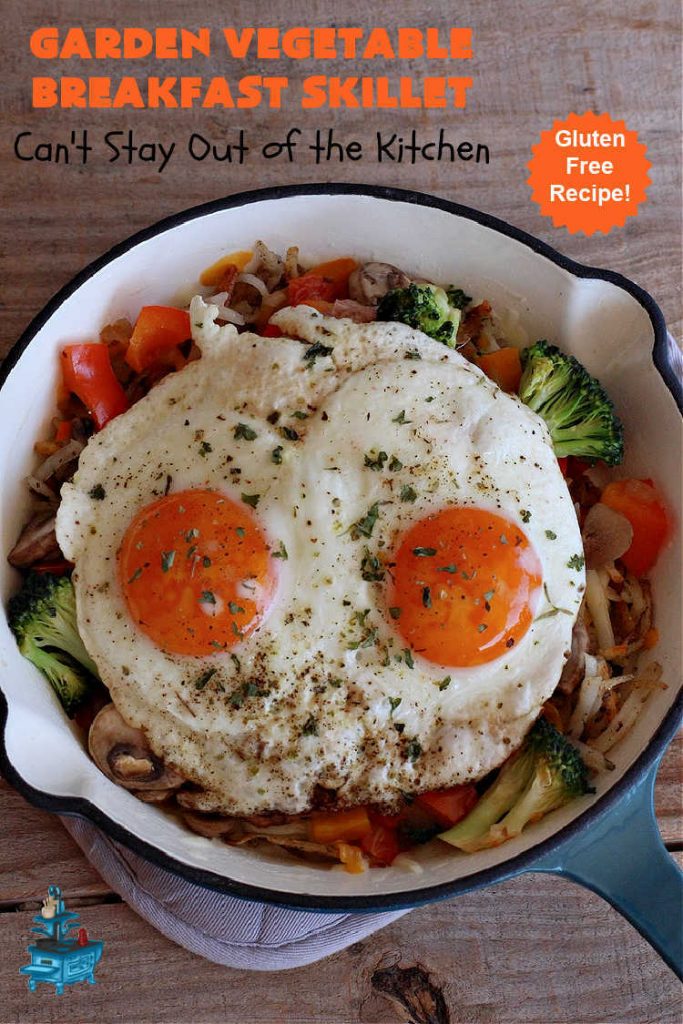 Garden Vegetable Breakfast Skillet | Can't Stay Out of the Kitchen | this delectable #BreakfastSkillet includes seasoned #HashBrowns, #MontereyJack & #CheddarCheese, several garden #vegetables including #mushrooms & #broccoli & it's topped with two #eggs. It's a fantastic hearty #breakfast for weekends, company or #holidays. #vegetarian #GlutenFree #VegetarianBreakfastSkillet #GardenVegetableBreakfastSkillet #HolidayBreakfast