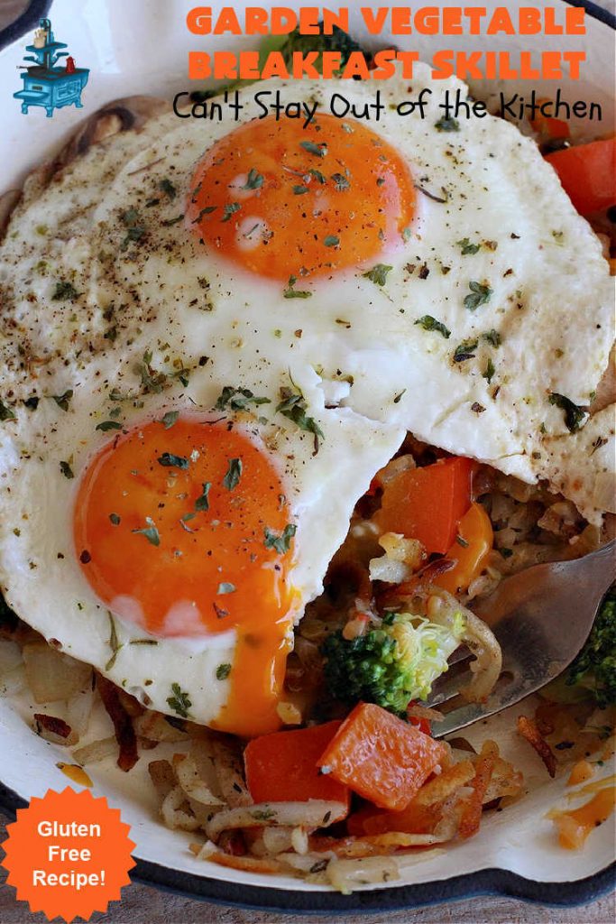 Garden Vegetable Breakfast Skillet | Can't Stay Out of the Kitchen | this delectable #BreakfastSkillet includes seasoned #HashBrowns, #MontereyJack & #CheddarCheese, several garden #vegetables including #mushrooms & #broccoli & it's topped with two #eggs. It's a fantastic hearty #breakfast for weekends, company or #holidays. #vegetarian #GlutenFree #VegetarianBreakfastSkillet #GardenVegetableBreakfastSkillet #HolidayBreakfast