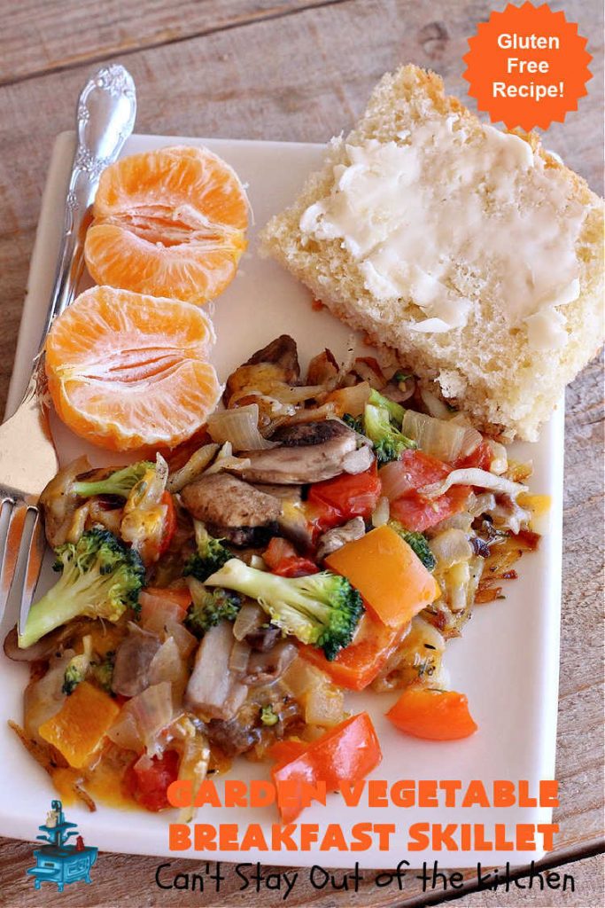 Garden Vegetable Breakfast Skillet | Can't Stay Out of the Kitchen | this delectable #BreakfastSkillet includes seasoned #HashBrowns, #MontereyJack & #CheddarCheese, several garden #vegetables including #mushrooms & #broccoli & it's topped with two #eggs. It's a fantastic hearty #breakfast for weekends, company or #holidays. #vegetarian #GlutenFree #VegetarianBreakfastSkillet #GardenVegetableBreakfastSkillet #HolidayBreakfast
