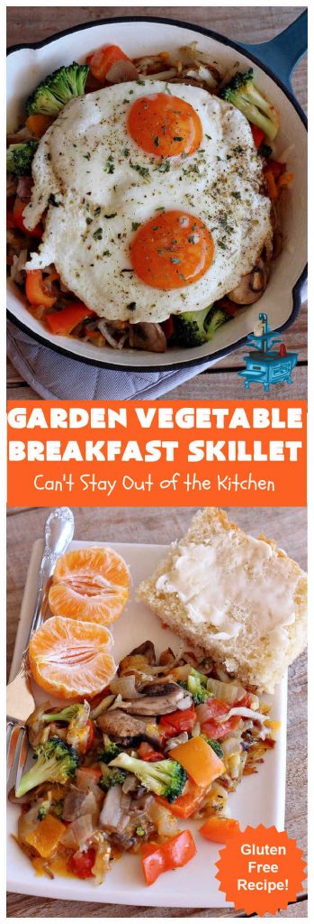 Garden Vegetable Breakfast Skillet | Can't Stay Out of the Kitchen | this delectable #BreakfastSkillet includes seasoned #HashBrowns, #MontereyJack & #CheddarCheese, several garden #vegetables including #mushrooms & #broccoli & it's topped with two #eggs. It's a fantastic hearty #breakfast for weekends, company or #holidays. #vegetarian #GlutenFree #VegetarianBreakfastSkillet #GardenVegetableBreakfastSkillet #HolidayBreakfast