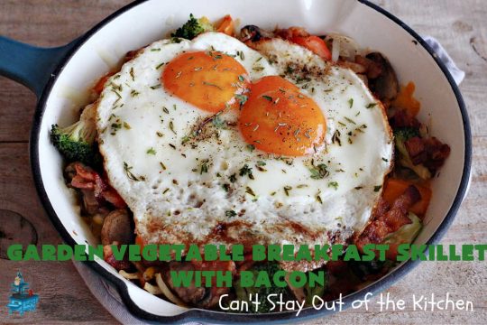 Garden Vegetable Breakfast Skillet With Bacon | Can't Stay Out of the Kitchen | this fantastic #BreakfastSkillet includes seasoned #HashBrowns, lots of garden veggies, #CheddarCheese & #MontereyJackCheese, #bacon & #eggs. It's hearty, filling & so satisfying for a family, company or #holiday #breakfast. #broccoli #mushrooms #pork #HolidayBreakfast #GardenVegetableBreakfastSkilletWithBaacon