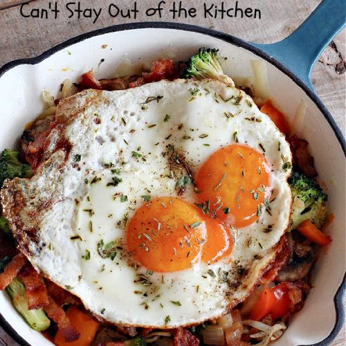 Garden Vegetable Breakfast Skillet With Bacon | Can't Stay Out of the Kitchen | this fantastic #BreakfastSkillet includes seasoned #HashBrowns, lots of garden veggies, #CheddarCheese & #MontereyJackCheese, #bacon & #eggs. It's hearty, filling & so satisfying for a family, company or #holiday #breakfast. #broccoli #mushrooms #pork #HolidayBreakfast #GardenVegetableBreakfastSkilletWithBaacon