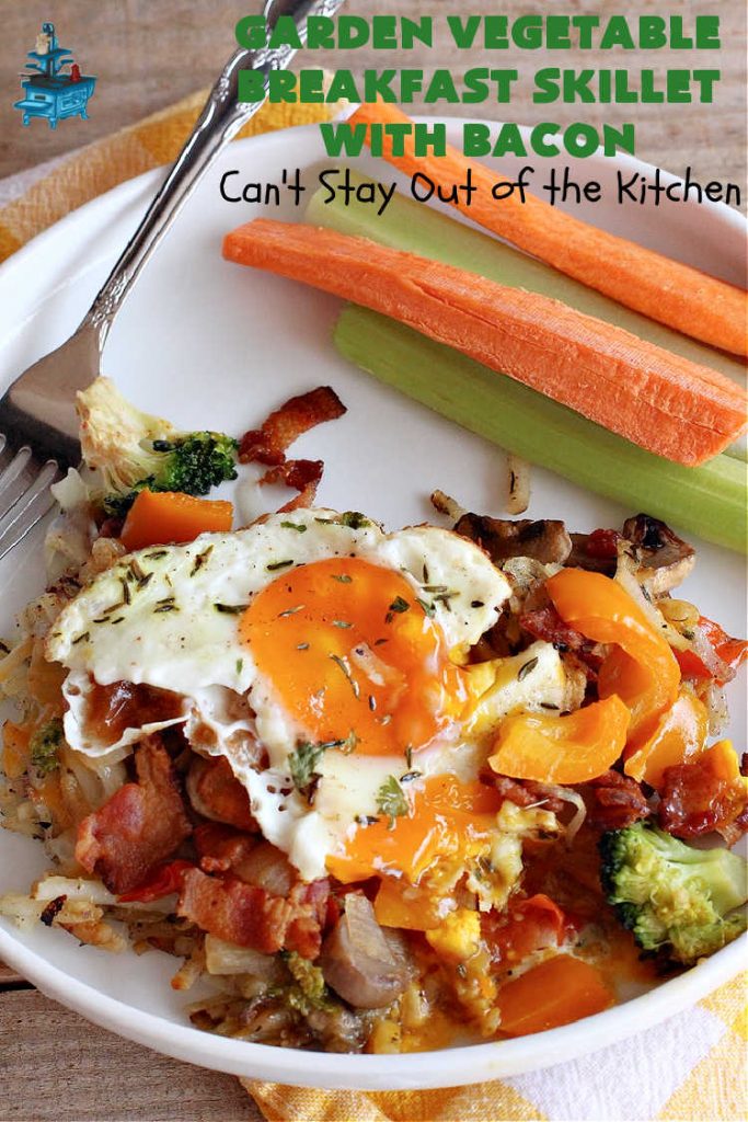 Garden Vegetable Breakfast Skillet With Bacon | Can't Stay Out of the Kitchen | this fantastic #BreakfastSkillet includes seasoned #HashBrowns, lots of garden veggies, #CheddarCheese & #MontereyJackCheese, #bacon & #eggs. It's hearty, filling & so satisfying for a family, company or #holiday #breakfast. #broccoli #mushrooms #pork #HolidayBreakfast #GardenVegetableBreakfastSkilletWithBaacon