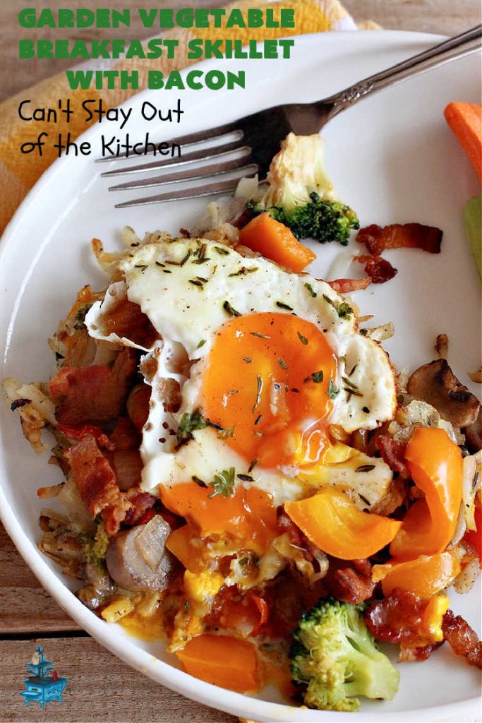 Garden Vegetable Breakfast Skillet With Bacon | Can't Stay Out of the Kitchen | this fantastic #BreakfastSkillet includes seasoned #HashBrowns, lots of garden veggies, #CheddarCheese & #MontereyJackCheese, #bacon & #eggs. It's hearty, filling & so satisfying for a family, company or #holiday #breakfast. #broccoli #mushrooms #pork #HolidayBreakfast #GardenVegetableBreakfastSkilletWithBaacon