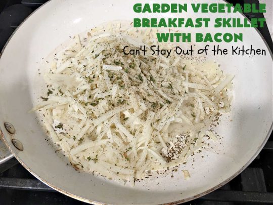 Garden Vegetable Breakfast Skillet With Bacon | Can't Stay Out of the Kitchen | this fantastic #BreakfastSkillet includes seasoned #HashBrowns, lots of garden veggies, #CheddarCheese & #MontereyJackCheese, #bacon & #eggs. It's hearty, filling & so satisfying for a family, company or #holiday #breakfast. #broccoli #mushrooms #pork #HolidayBreakfast #GardenVegetableBreakfastSkilletWithBaacon