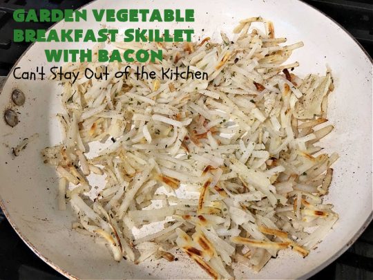 Garden Vegetable Breakfast Skillet With Bacon | Can't Stay Out of the Kitchen | this fantastic #BreakfastSkillet includes seasoned #HashBrowns, lots of garden veggies, #CheddarCheese & #MontereyJackCheese, #bacon & #eggs. It's hearty, filling & so satisfying for a family, company or #holiday #breakfast. #broccoli #mushrooms #pork #HolidayBreakfast #GardenVegetableBreakfastSkilletWithBaacon