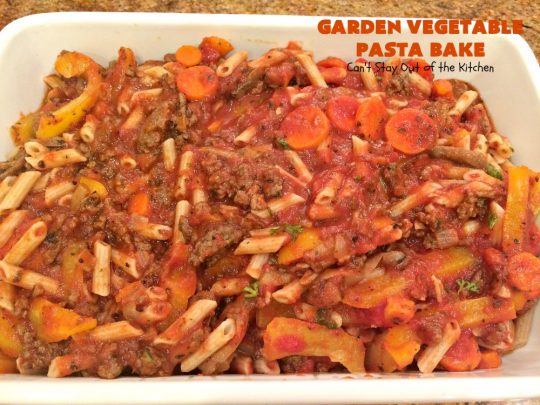 Garden Vegetable Pasta Bake | Can't Stay Out of the Kitchen | fantastic #pasta entree with #beef, veggies & loads of #cheese. I made with #glutenfree noodles, but regular pasta can also be used. Kid-friendly!
