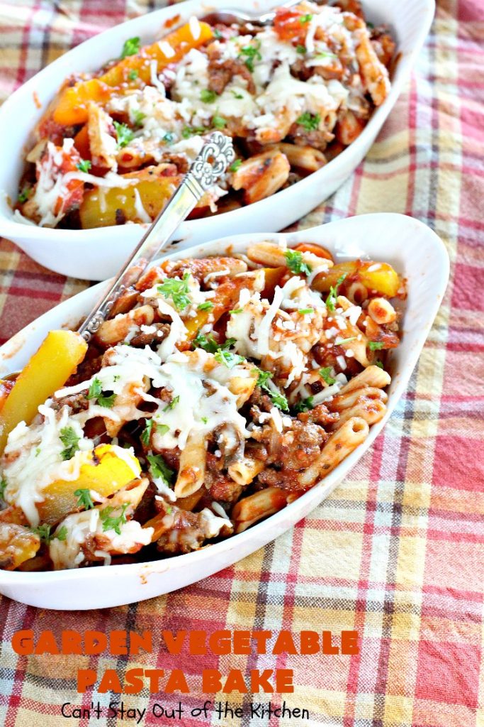 Garden Vegetable Pasta Bake | Can't Stay Out of the Kitchen | fantastic #pasta entree with #beef, veggies & loads of #cheese. I made with #glutenfree noodles, but regular pasta can also be used. Kid-friendly!